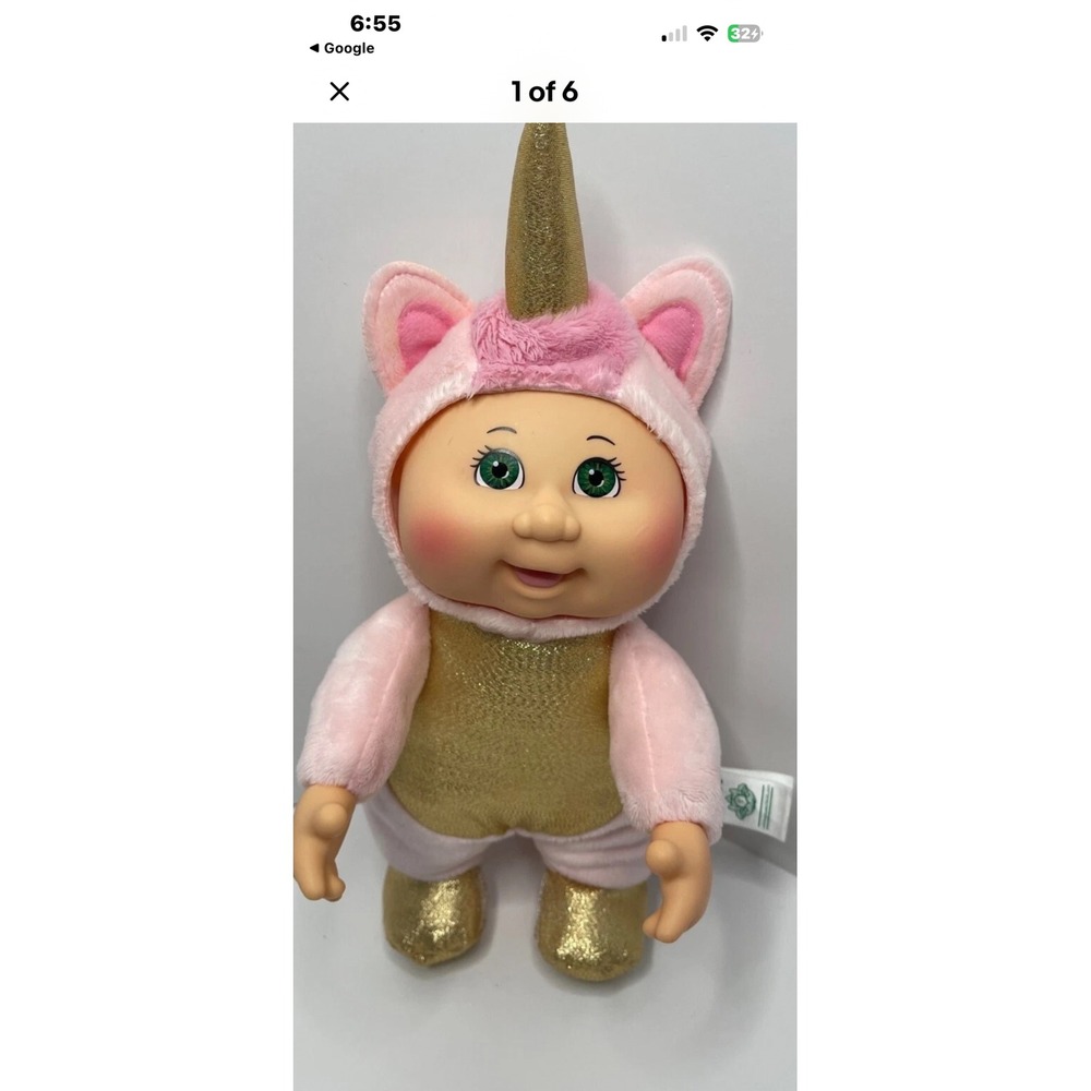 Cabbage Patch Kids Cuties Pink Gold Unicorn Plush Doll Green Eyes CPK 2020